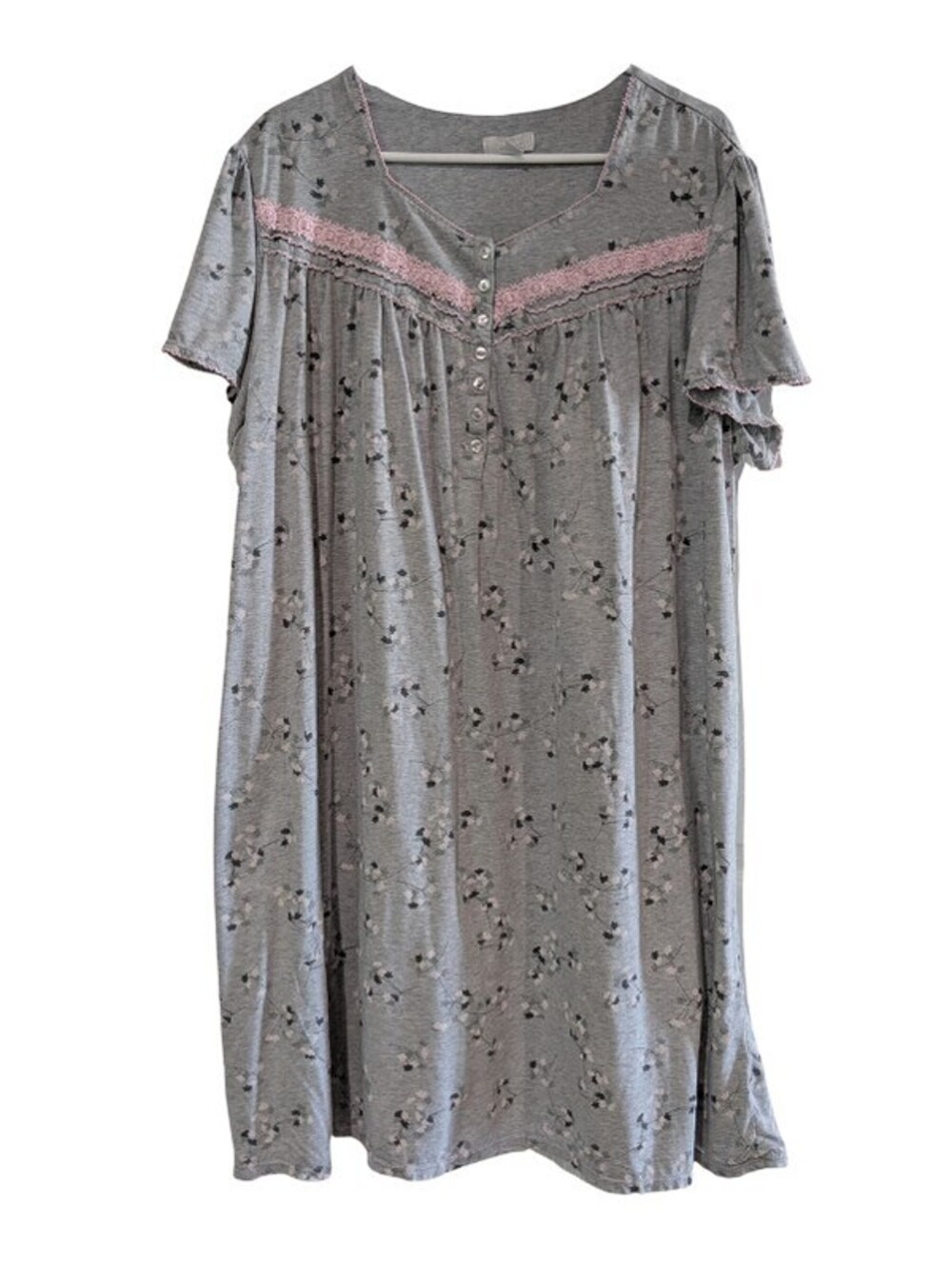 Celestial Dreams Women's Floral Nightgown, Gray, Plus Size 4X (26/28), Pink Trim